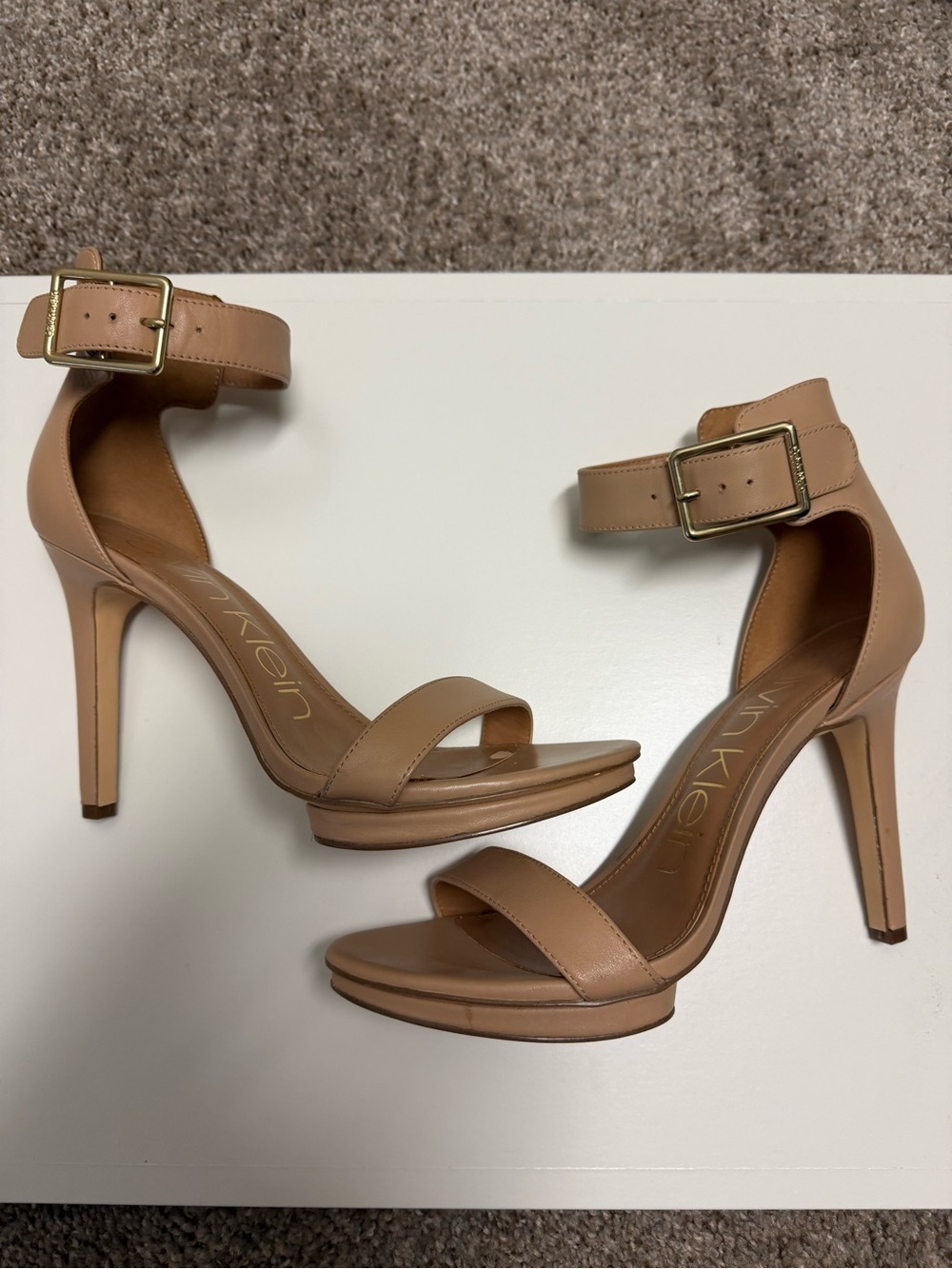 Calvin Klein Nude Tan Ankle-Strap Stiletto Sandals
